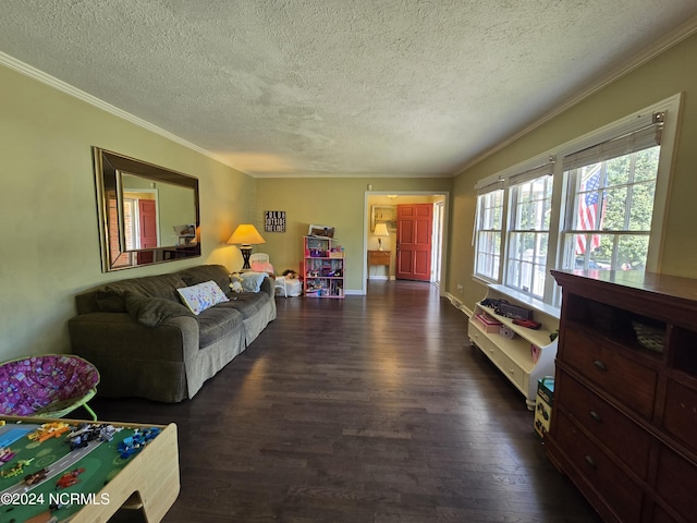 living room with dark wood-type flooring, crown molding, and a textured ceiling