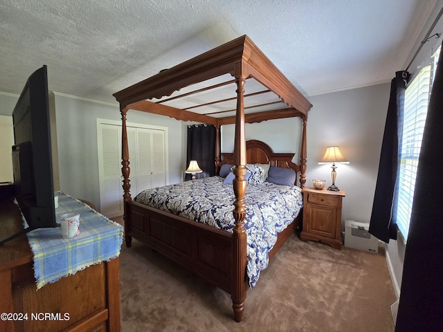 carpeted bedroom with crown molding and a textured ceiling