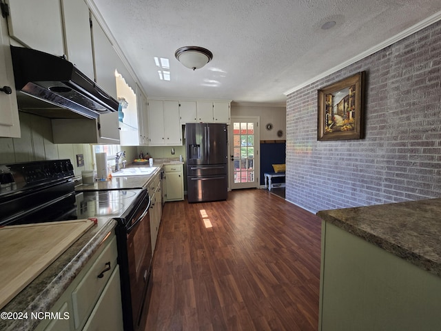 kitchen featuring dark wood-type flooring, sink, fridge with ice dispenser, black / electric stove, and white cabinets