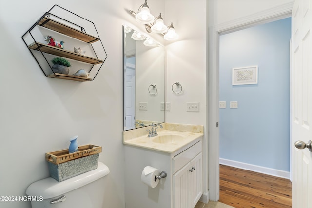 bathroom with vanity, wood-type flooring, and toilet