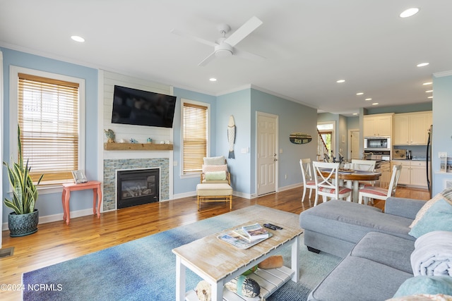 living room featuring a large fireplace, plenty of natural light, light hardwood / wood-style floors, and ornamental molding