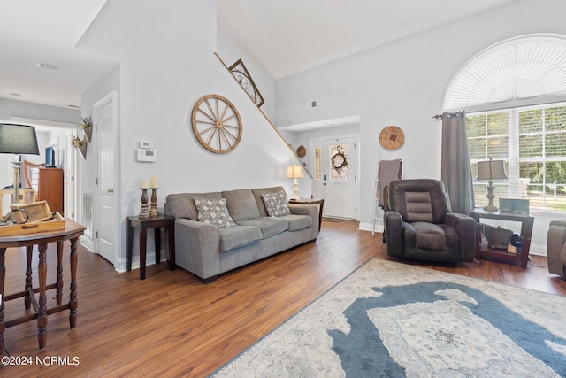 living room featuring a high ceiling and dark hardwood / wood-style flooring