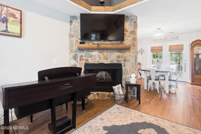 living room featuring a stone fireplace and wood-type flooring