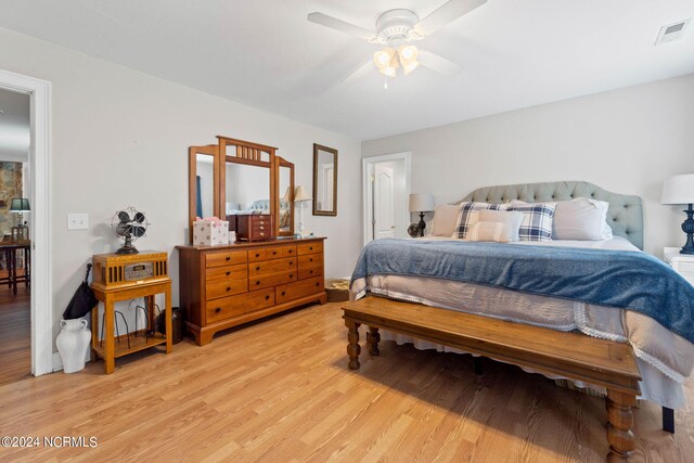 bedroom featuring light hardwood / wood-style flooring and ceiling fan