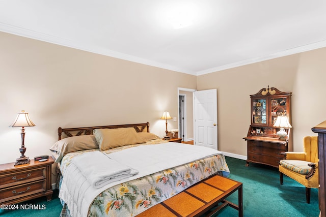 carpeted bedroom with ornamental molding