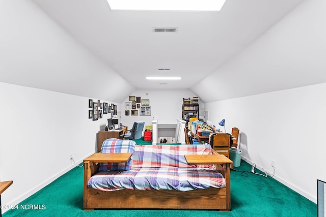 bedroom featuring carpet floors and vaulted ceiling