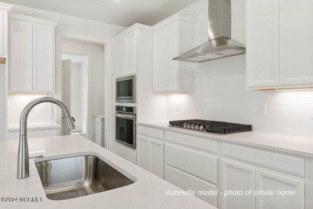 kitchen with wall chimney range hood, white cabinets, backsplash, stainless steel appliances, and sink