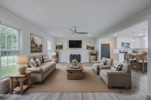 living room featuring light wood-type flooring and ceiling fan