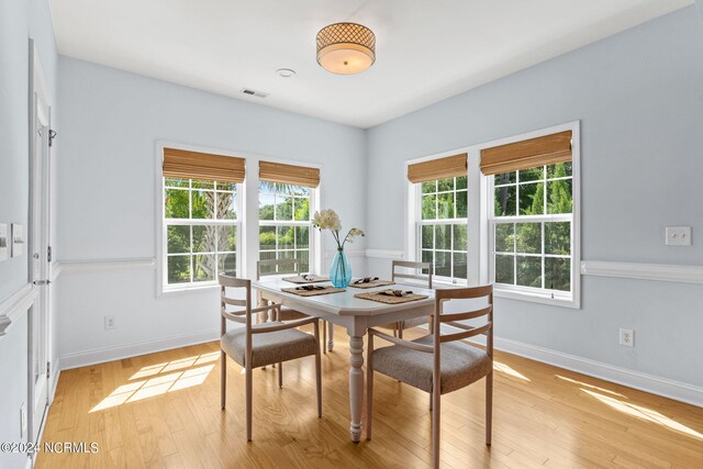 kitchen with light hardwood / wood-style flooring and white cabinets