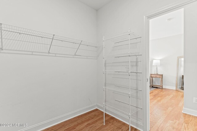 bathroom featuring an enclosed shower, vanity, and wood-type flooring