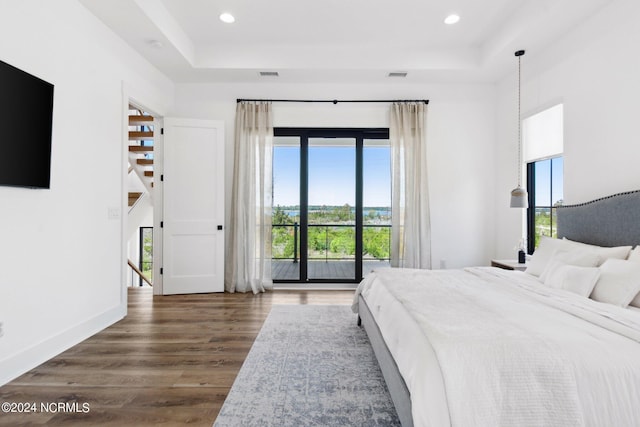 unfurnished bedroom with dark wood-type flooring, access to exterior, and a raised ceiling