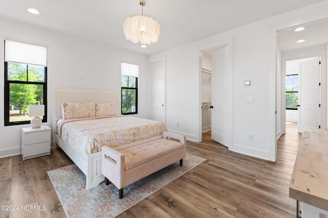 bedroom featuring a notable chandelier, a spacious closet, and dark wood-type flooring