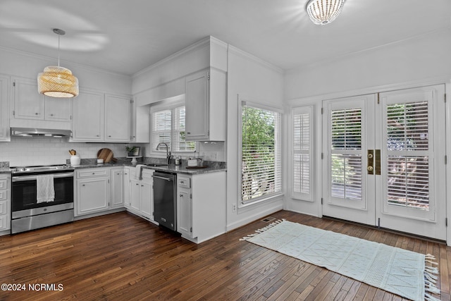 kitchen with appliances with stainless steel finishes, white cabinetry, tasteful backsplash, a wealth of natural light, and decorative light fixtures