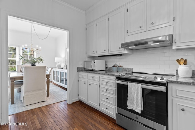 kitchen with white cabinetry, dark hardwood / wood-style floors, ventilation hood, decorative backsplash, and stainless steel range with electric cooktop