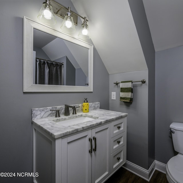 bathroom with hardwood / wood-style flooring, toilet, vanity, and vaulted ceiling