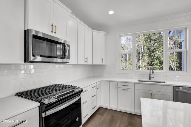 65 Tilloo Cut Way, Hampstead, NC 28443 - kitchen with stainless steel appliances, a sink, light countertops, white cabinetry, and crown molding