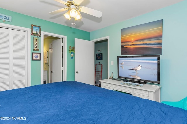 unfurnished bedroom with a closet and ceiling fan