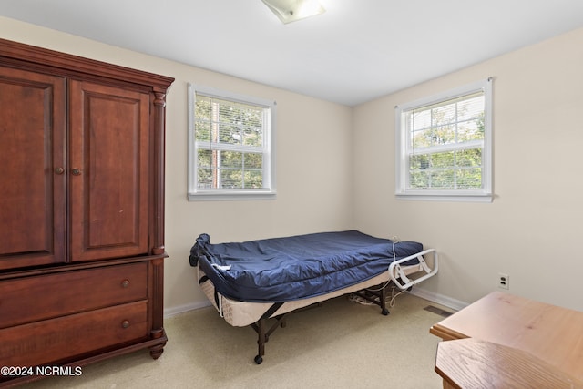 bedroom with light carpet and multiple windows