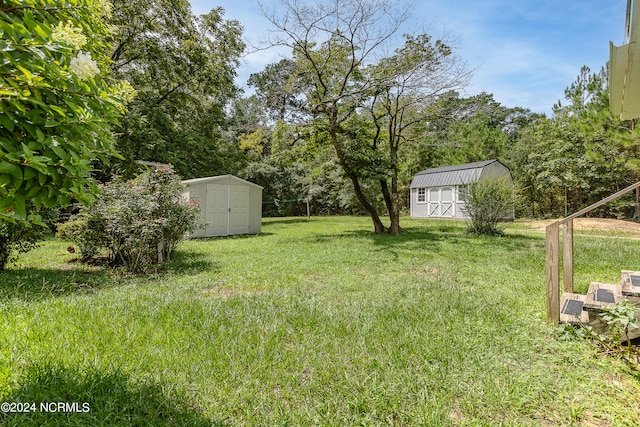 view of yard with a storage shed