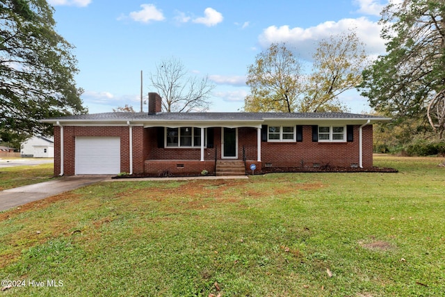 ranch-style home with crawl space, brick siding, an attached garage, and concrete driveway