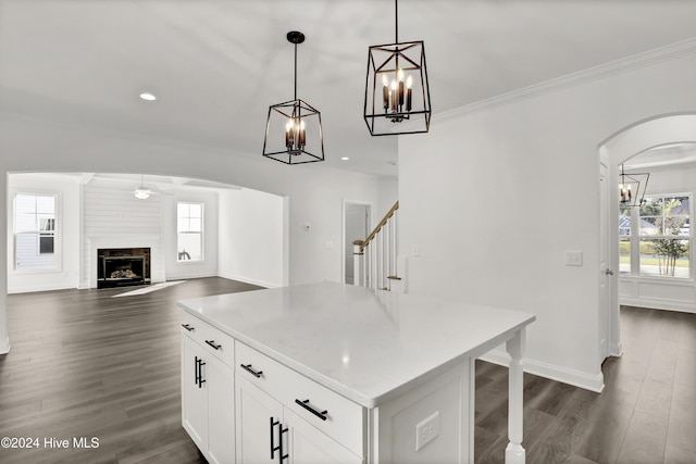 133 Tilloo Cut Way, Hampstead, NC 28443 - kitchen featuring dark wood-type flooring, arched walkways, ornamental molding, light countertops, and pendant lighting