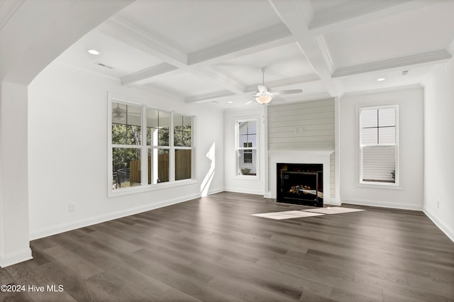 unfurnished living room with ceiling fan, coffered ceiling, beamed ceiling, and dark hardwood / wood-style floors