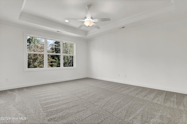 carpeted spare room featuring a raised ceiling, ceiling fan, and ornamental molding