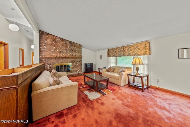 living area with lofted ceiling, a brick fireplace, baseboards, and carpet