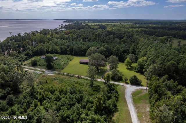 drone / aerial view featuring a forest view and a water view