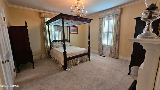 carpeted bedroom featuring a chandelier and crown molding