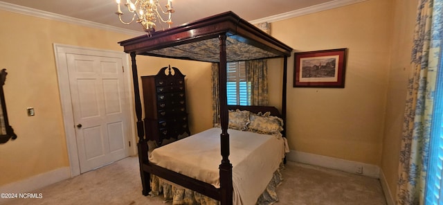 bedroom with a chandelier, carpet flooring, and crown molding