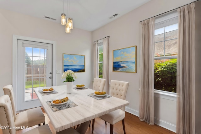 dining space featuring light wood-type flooring and plenty of natural light