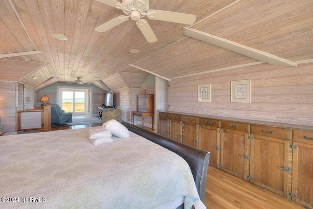 unfurnished bedroom featuring wooden ceiling, lofted ceiling, wooden walls, and light wood-type flooring