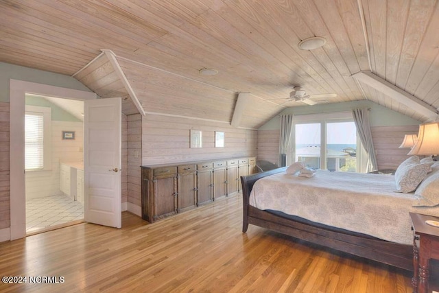 bedroom with vaulted ceiling, light wood-type flooring, and wood ceiling