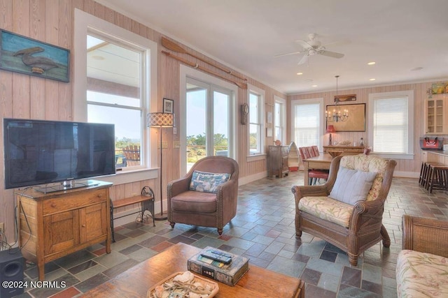 living room with ceiling fan