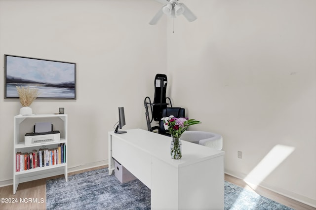 home office with ceiling fan and hardwood / wood-style floors