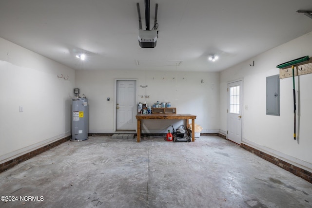 garage with electric panel and water heater