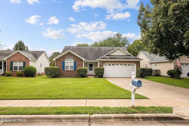 single story home with a garage and a front lawn