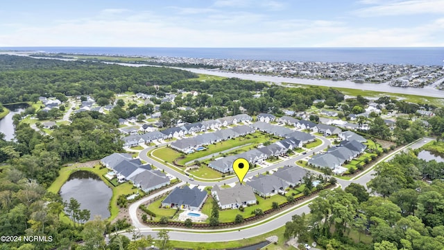 aerial view with a water view and a residential view