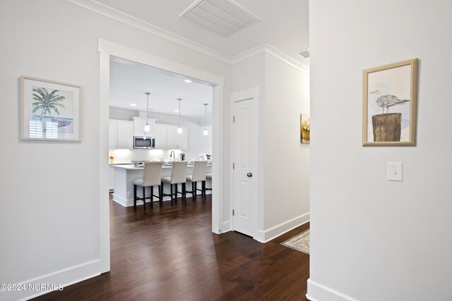 hall with sink, dark hardwood / wood-style flooring, and ornamental molding