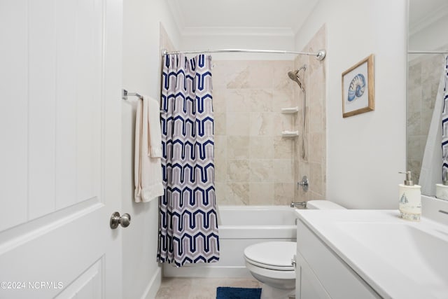 full bathroom with crown molding, toilet, shower / bath combo with shower curtain, and vanity