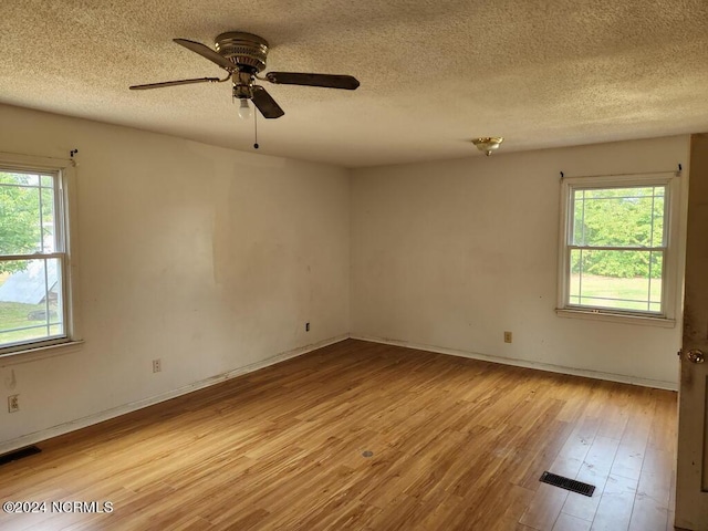 spare room featuring plenty of natural light, light hardwood / wood-style floors, and a textured ceiling