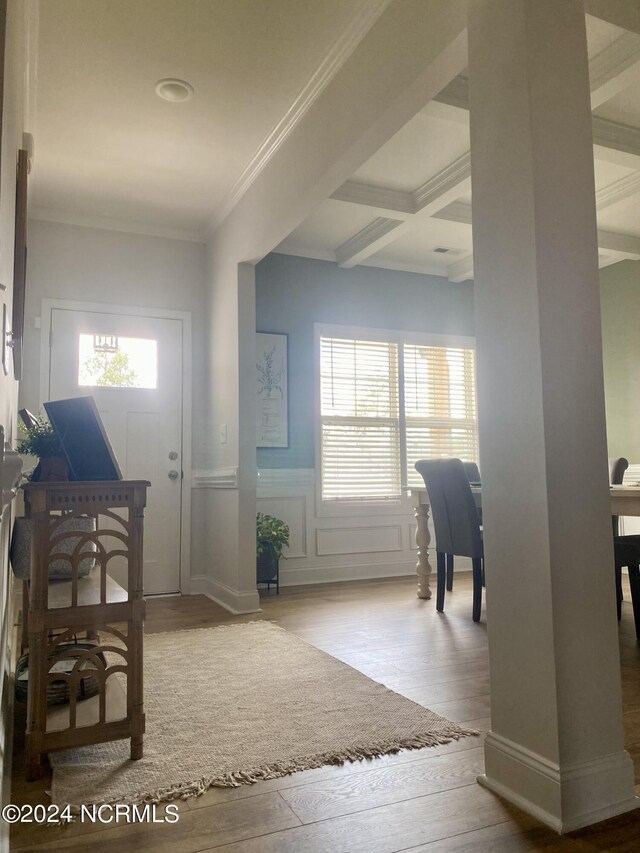 foyer entrance with crown molding, wainscoting, plenty of natural light, and wood finished floors