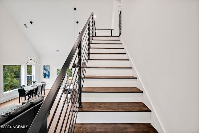 staircase featuring a towering ceiling and hardwood / wood-style floors