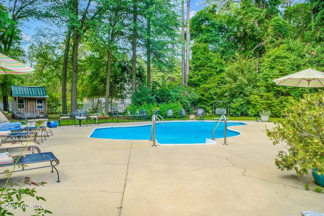 view of swimming pool featuring a patio and an outbuilding