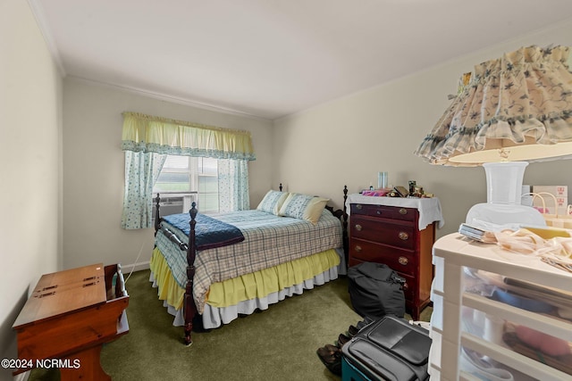 carpeted bedroom with crown molding