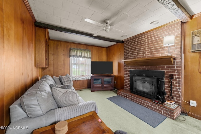 living room featuring light carpet, a brick fireplace, beam ceiling, and wooden walls