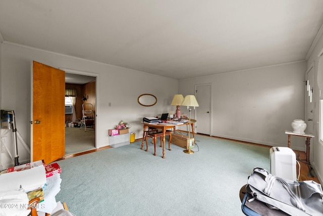 office space with crown molding and carpet flooring