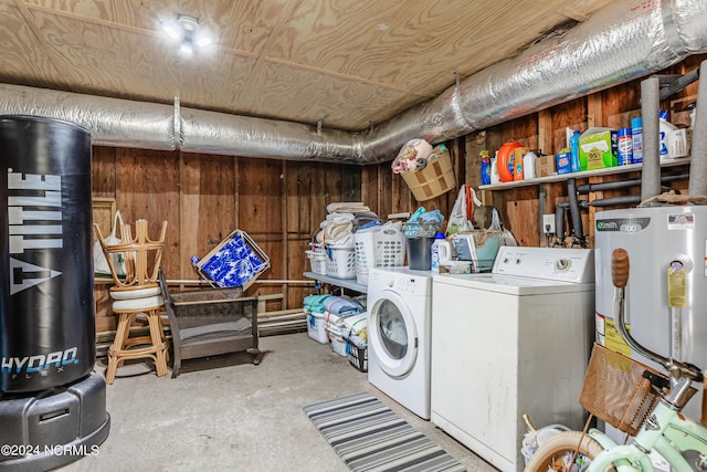 1409 Inlet St, Sunset Beach, NC 28468 - washroom featuring washing machine and clothes dryer, water heater, and wooden walls