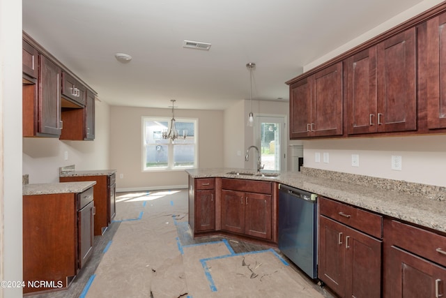 kitchen featuring light stone counters, stainless steel dishwasher, decorative light fixtures, and sink